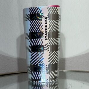 Starbucks 2024 Iridescent Luster Silver Pink Checkered Ceramic Travel Mug